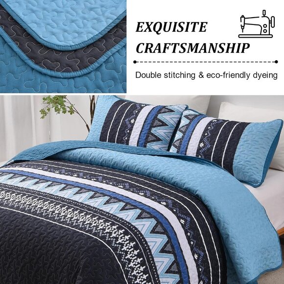 New 3 PC Boho Blue & Black Reversible Quilt Set • QUEEN Size - Picture 8 of 8